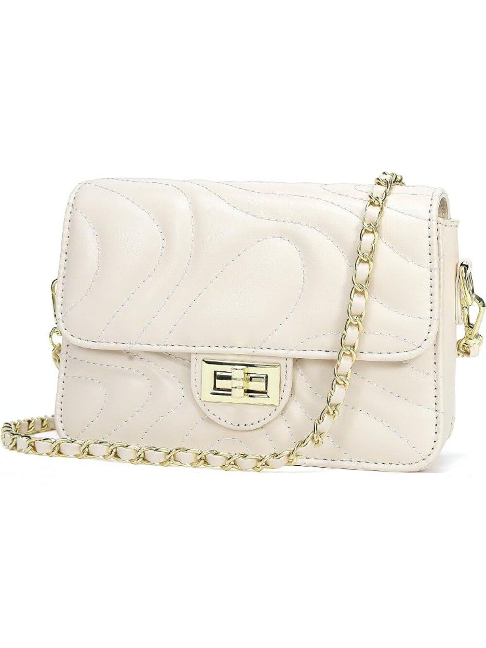 👜Women's Beige PU Leather Quilted Crossbody Bag Chain Strap Shoulder Handbag